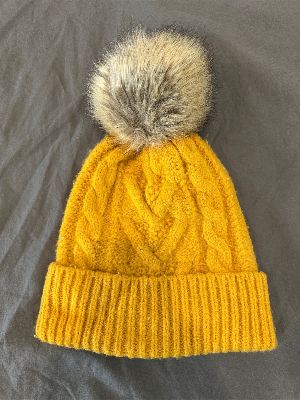 Cozy Mustard Cable Knit Beanie with removable Faux Fur Pom